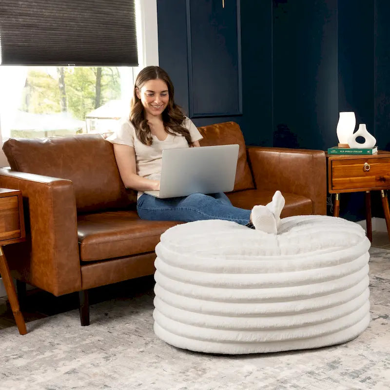 Large Plush Faux Fur Ribbed Pouf Ottoman - 35 - Cream