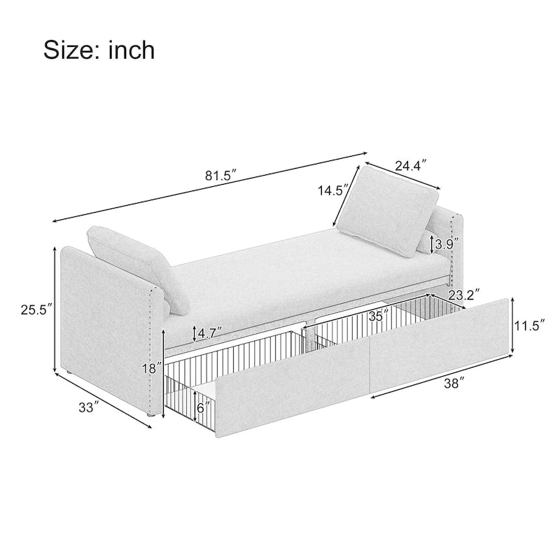 Modern 81.5 Linen Upholstered Chaise Lounger Daybed with Pillows and 2 Drawers for Living Room