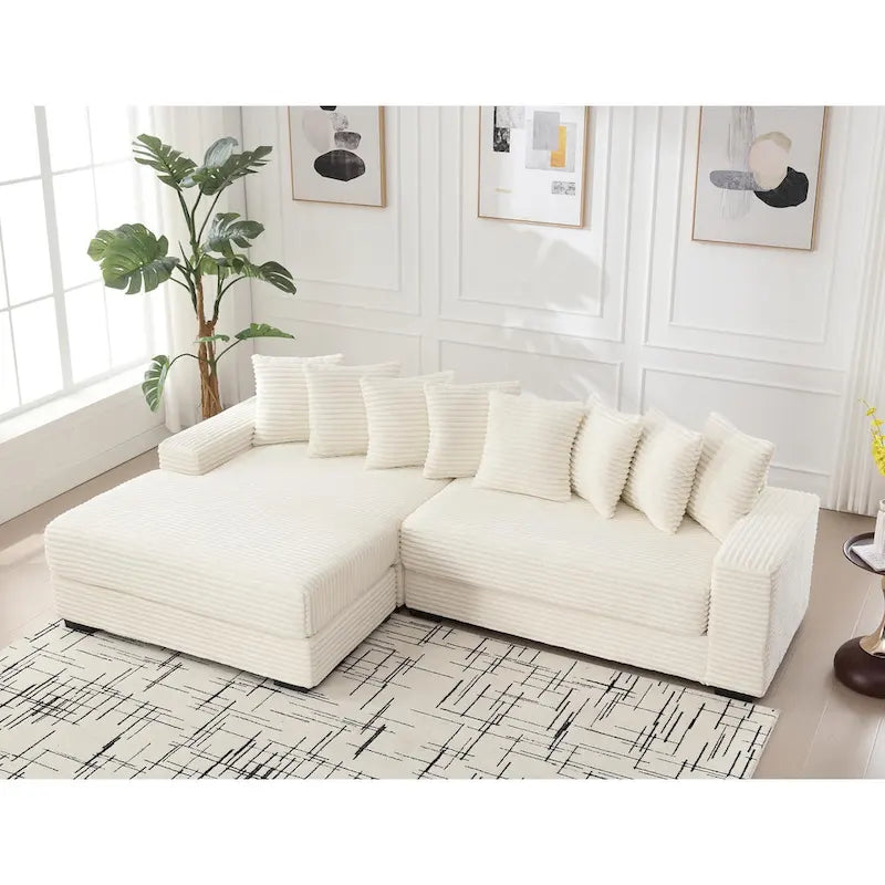 111 Corduroy L-Shaped Sectional Sofa with Left Chaise & 8 Pillows