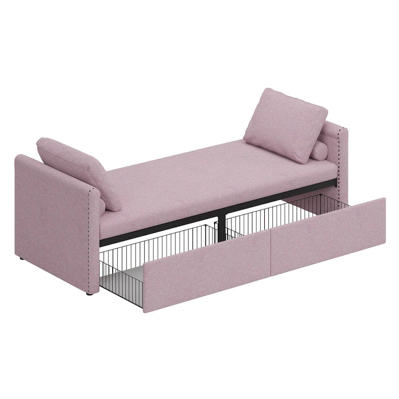 Pink Modern 81.5 Linen Upholstered Chaise Lounger Daybed with Pillows and 2 Drawers for Living Room