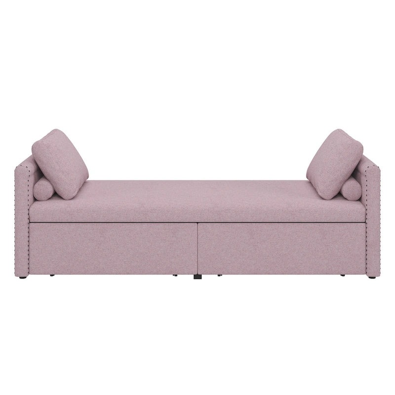 Pink Modern 81.5 Linen Upholstered Chaise Lounger Daybed with Pillows and 2 Drawers for Living Room