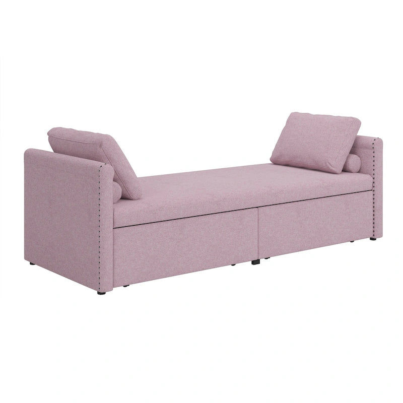 Pink Modern 81.5 Linen Upholstered Chaise Lounger Daybed with Pillows and 2 Drawers for Living Room