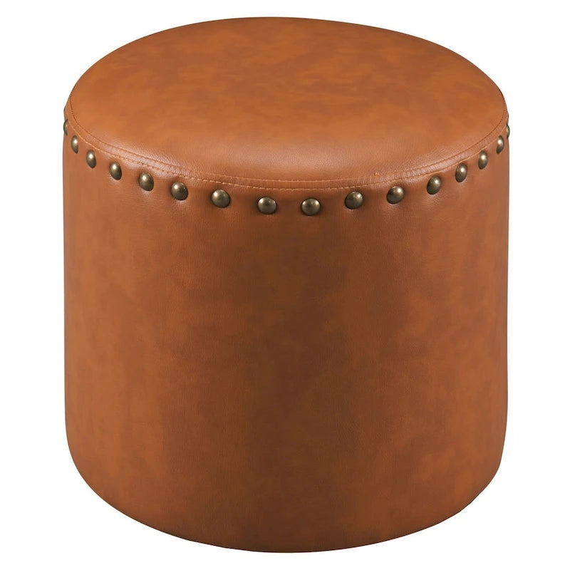 Round Faux Leather Ottoman with Wooden Frame, 4 Colors