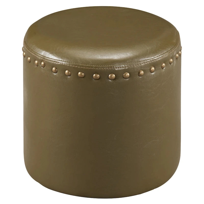 Round Faux Leather Ottoman with Wooden Frame, 4 Colors