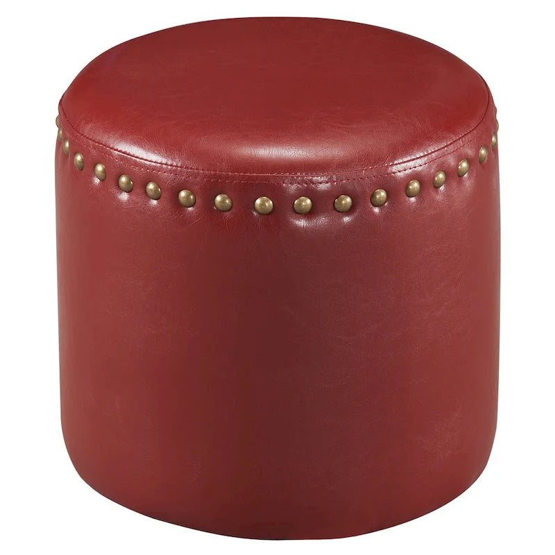 Round Faux Leather Ottoman with Wooden Frame, 4 Colors