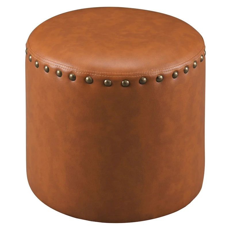 Round Faux Leather Ottoman with Wooden Frame, 4 Colors