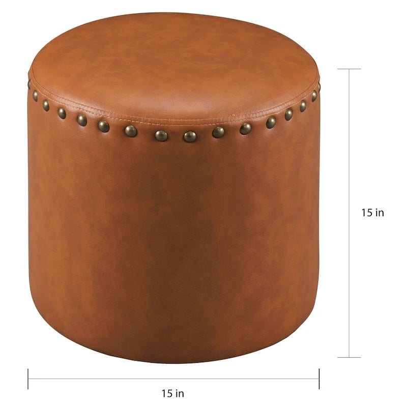 Round Faux Leather Ottoman with Wooden Frame, 4 Colors