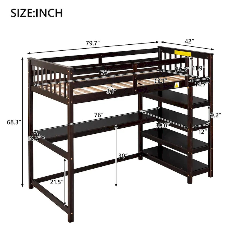Twin Size Pine Loft Bed with Storage Shelves and Under-Bed Desk