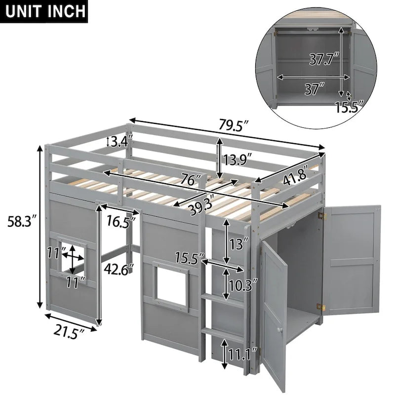 Twin Loft Bed with Wardrobe Kids Loft Bed with 2 Windows Twin Size Wood Playhouse Loft Bed Frame