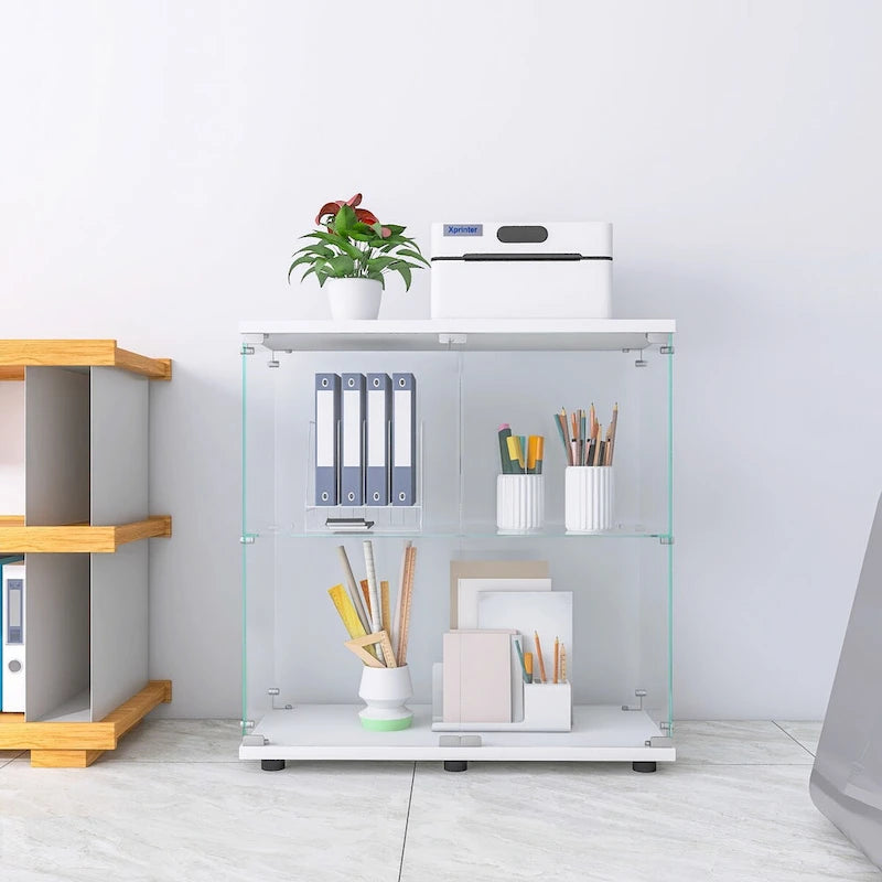 Two-door Glass Display Cabinet 2 Shelves with Door