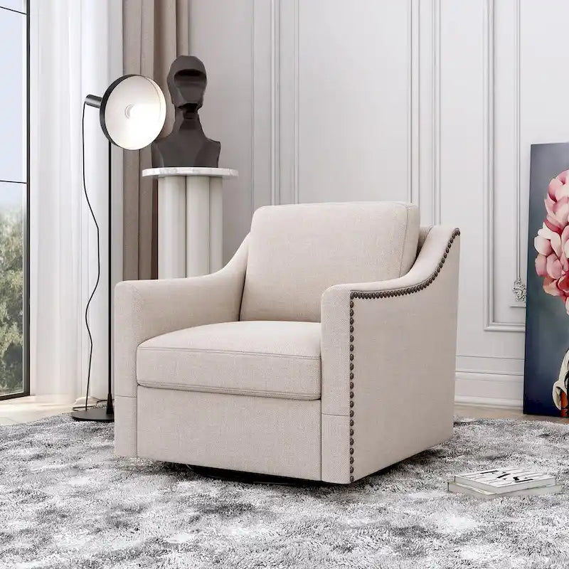 Roomfitters 360 Degree Swivel Armchair with Ergonomic Design and Brass Nail Decoration, White
